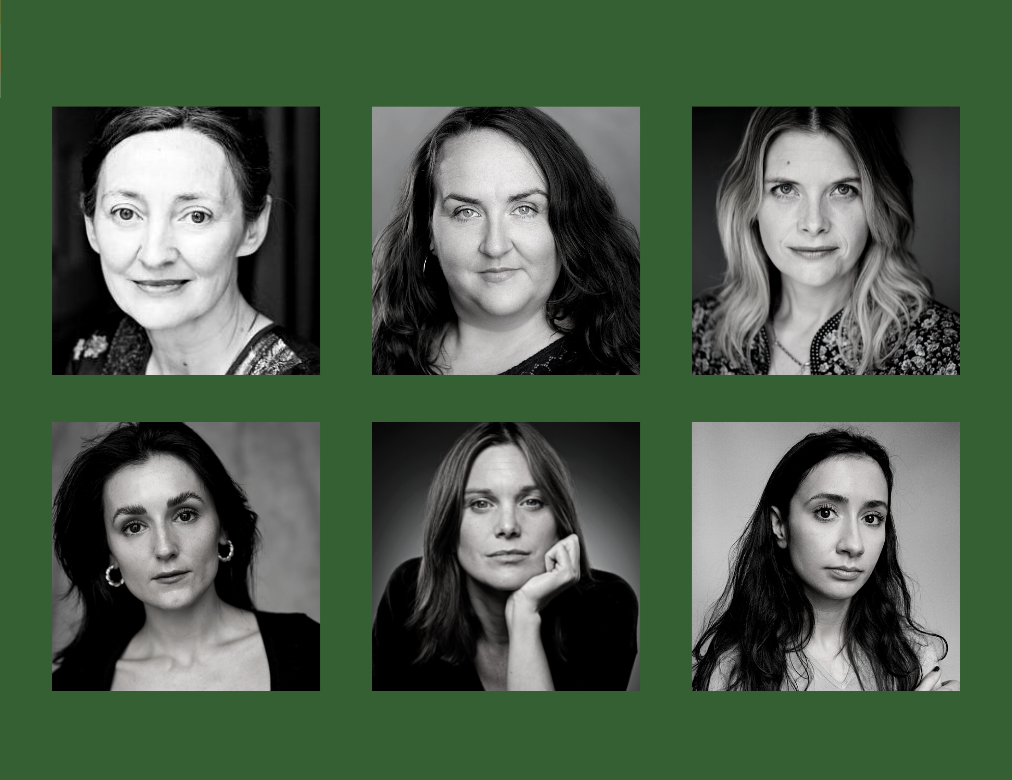 black and white headshots of the cast of Dixon and Daughters on a dark green background.