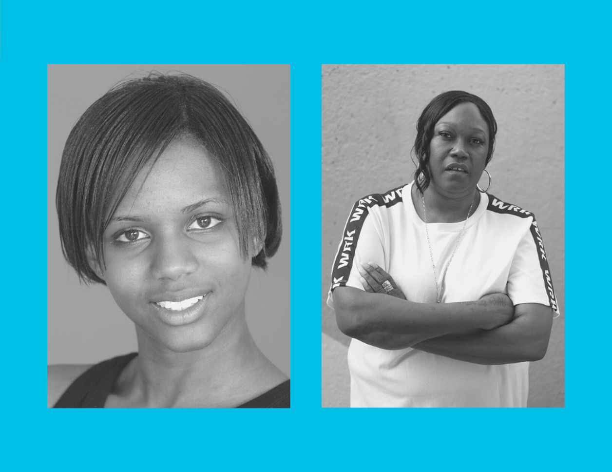 An image with a blue background and two black and white headshots in the centre, one of Nicole Hall and one of Jennifer Joseph.