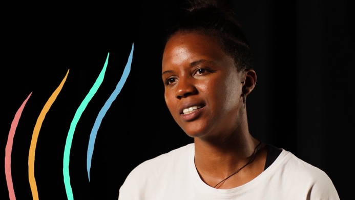 a head and shoulders image of Nicole Hall with illustrations of colourful swirly lines around her