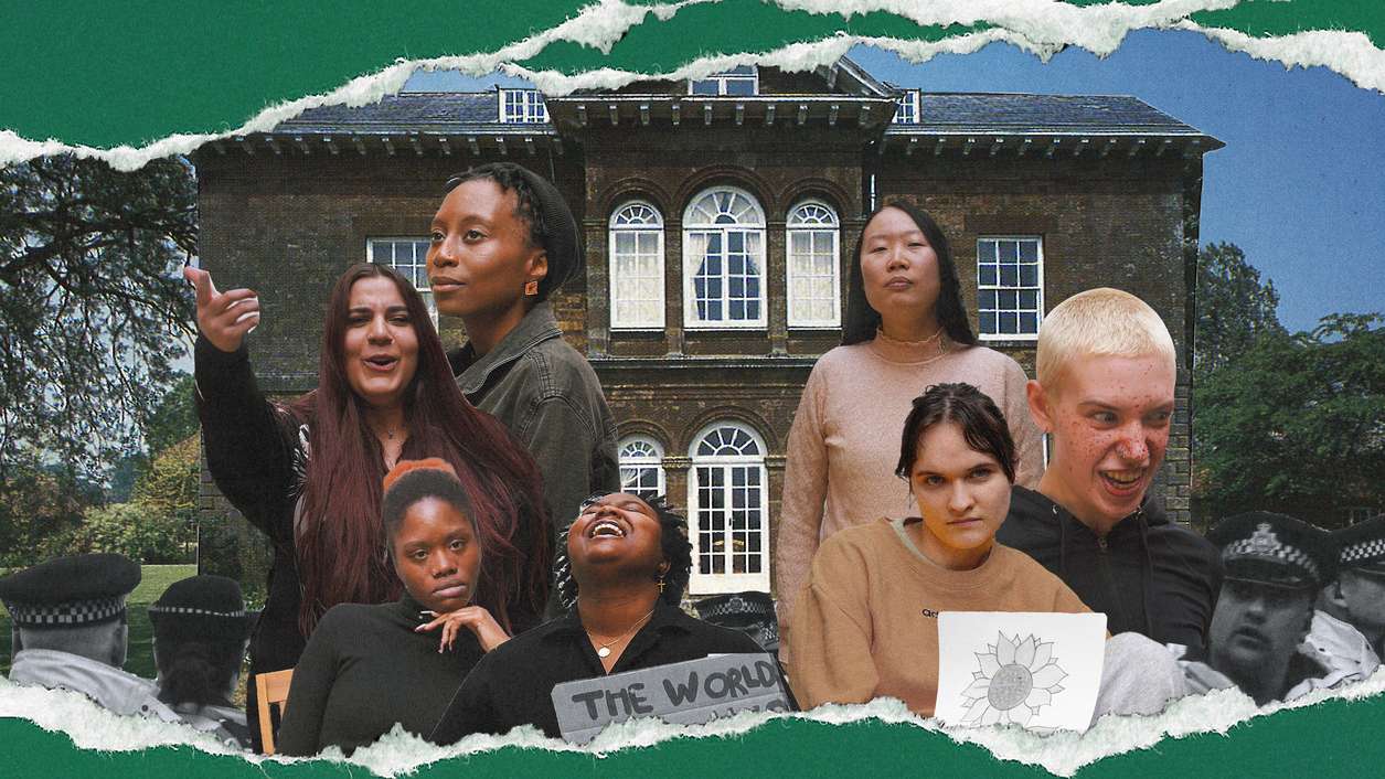 the cast of the empty in a collage image in front of a stately home with protestors in the front of the image