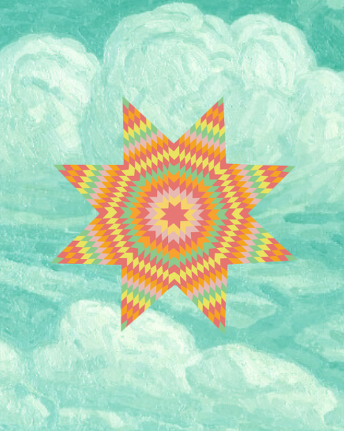 a painting of clouds with an orange star-burst in the centre