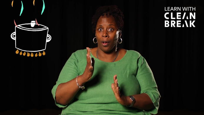 a screenshot of tracey anderson talking to the camera, an illustration of a boiling pot is in the corner