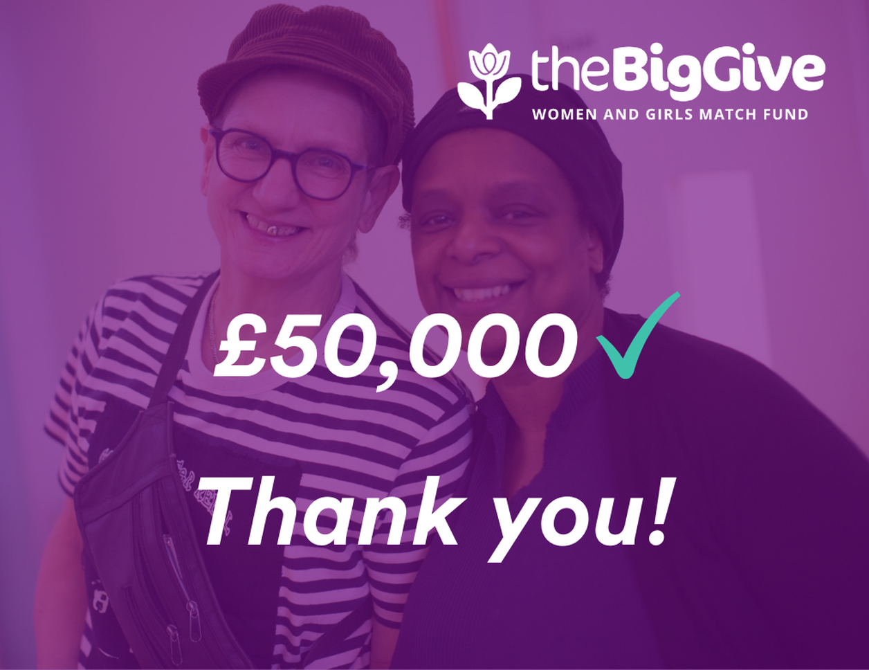 a photo of two clean break members smiling at the camera, there is a purple filter on the photo. text over the top reads '£50000, thank you' the big give logo is in the top right corner