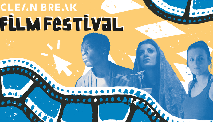 clean break film festival artwork. three stills of Clean Break Members with a blue filter on a yellow background, with illustrated film cells around them