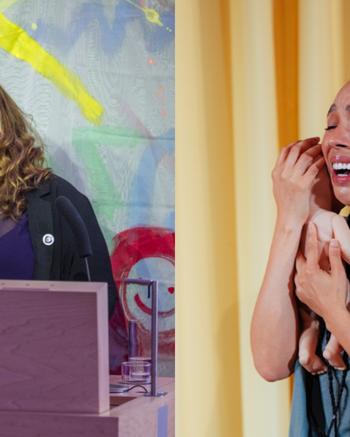 Professor Laura Abbott at an event sspeaking at a lectern, and Pearl Mackie on stage as Baby holding a baby doll