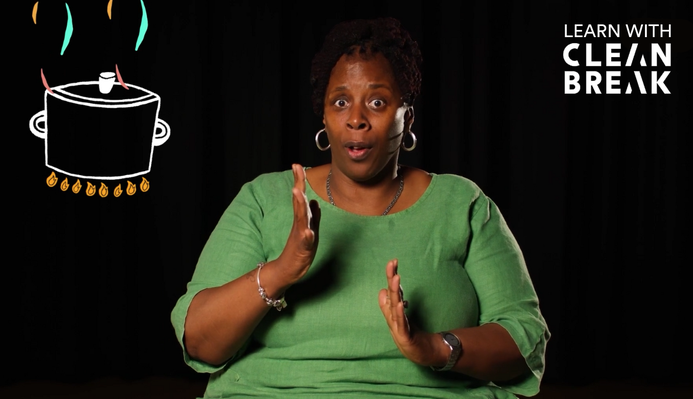 a screenshot of tracey anderson talking to the camera, an illustration of a boiling pot is in the corner