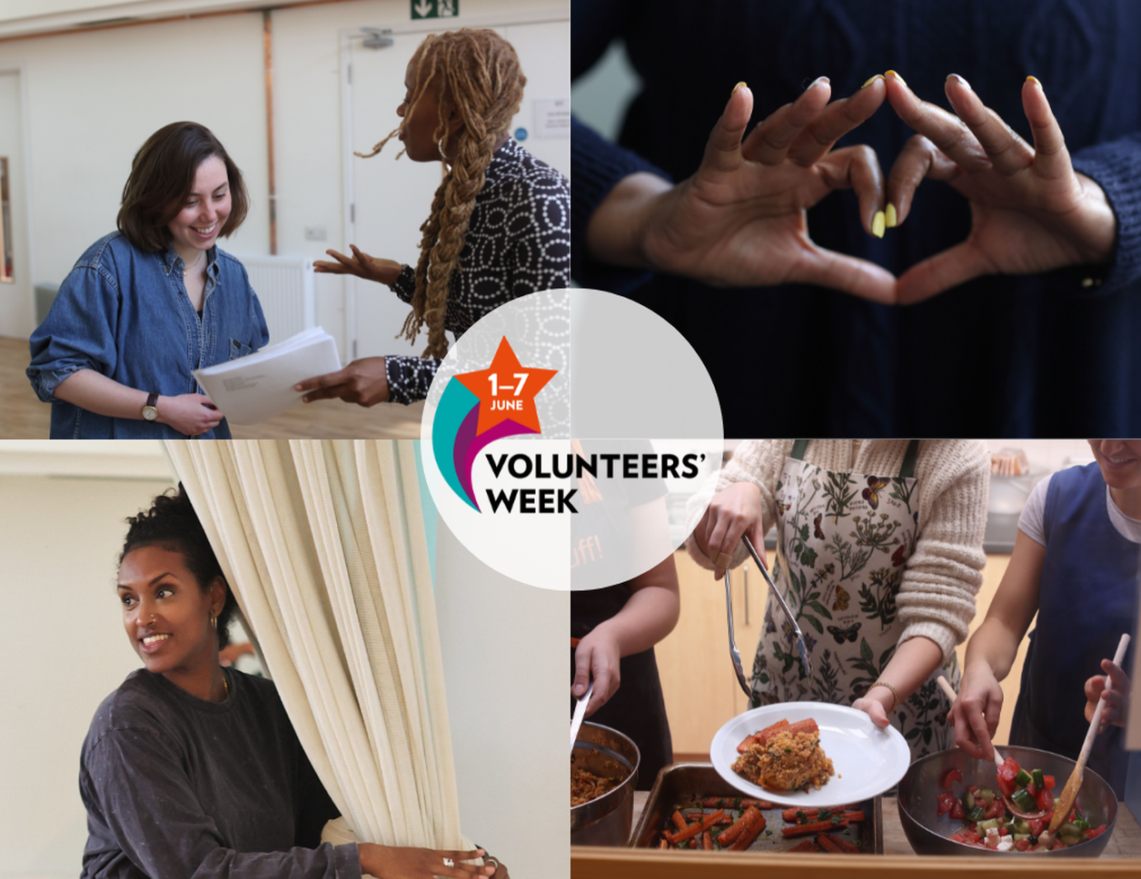 a collage of images of our volunteers, they are serving food and working on our Members Programme. In the middle it there is the volunteers week logo.