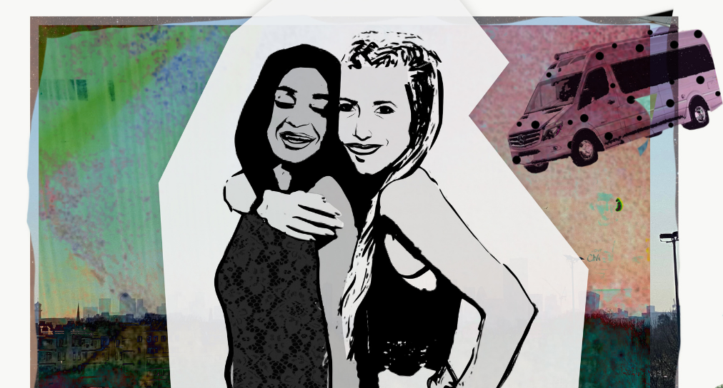 The artwork for Blis-ta. A collage of two young women holding each other and smiling, the background is a collage of a city scape and a camper van is in the top right hand corner.