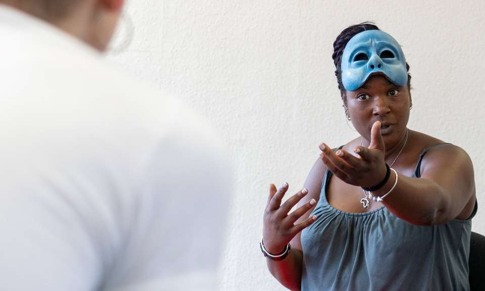 A photograph of a participant in Geese Theatre's Reconnect project