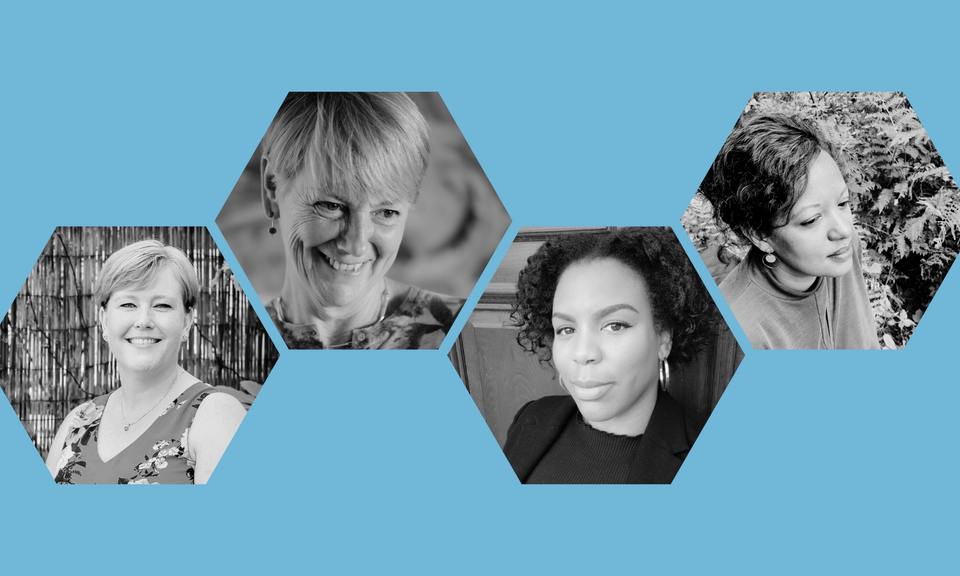 a graphic with a blue background and black and white headshots of the event panel members