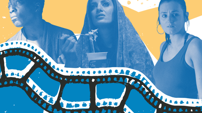 clean break film festival artwork. three stills of Clean Break Members with a blue filter on a yellow background, with illustrated film cells around them