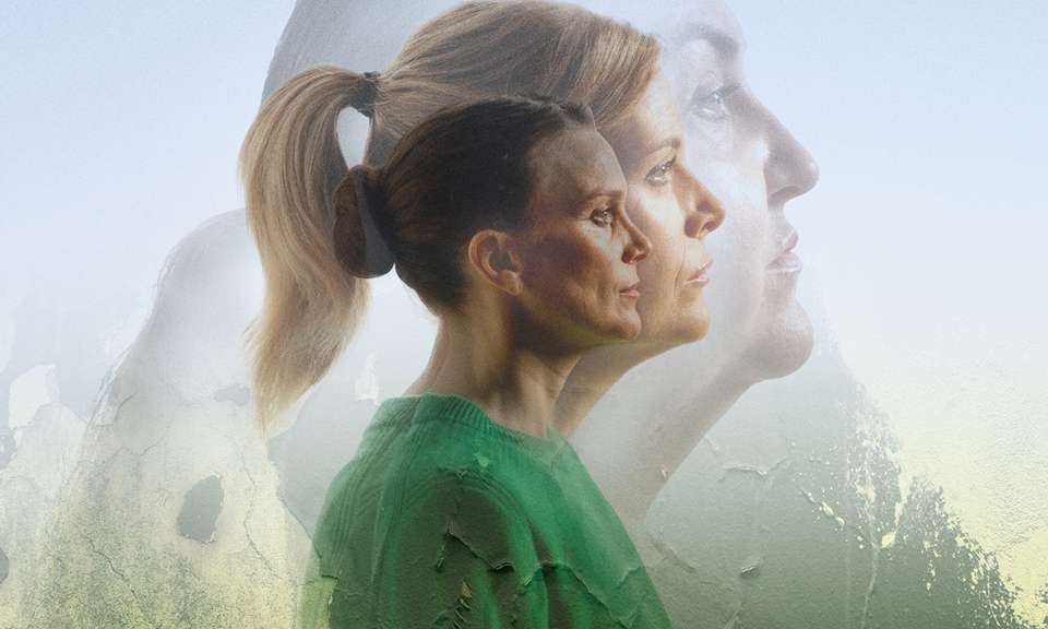 artwork for Dixon and Daughters. A collage of three women's profiles, they are different levels of transparency on a background of a wall with peeling paint.