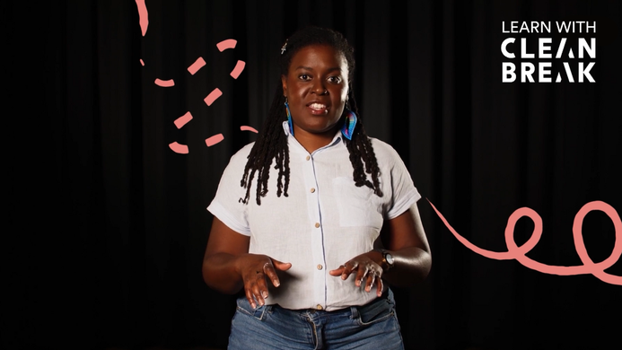 Lakesha talks to the camera, illustrated pink swirls surround her