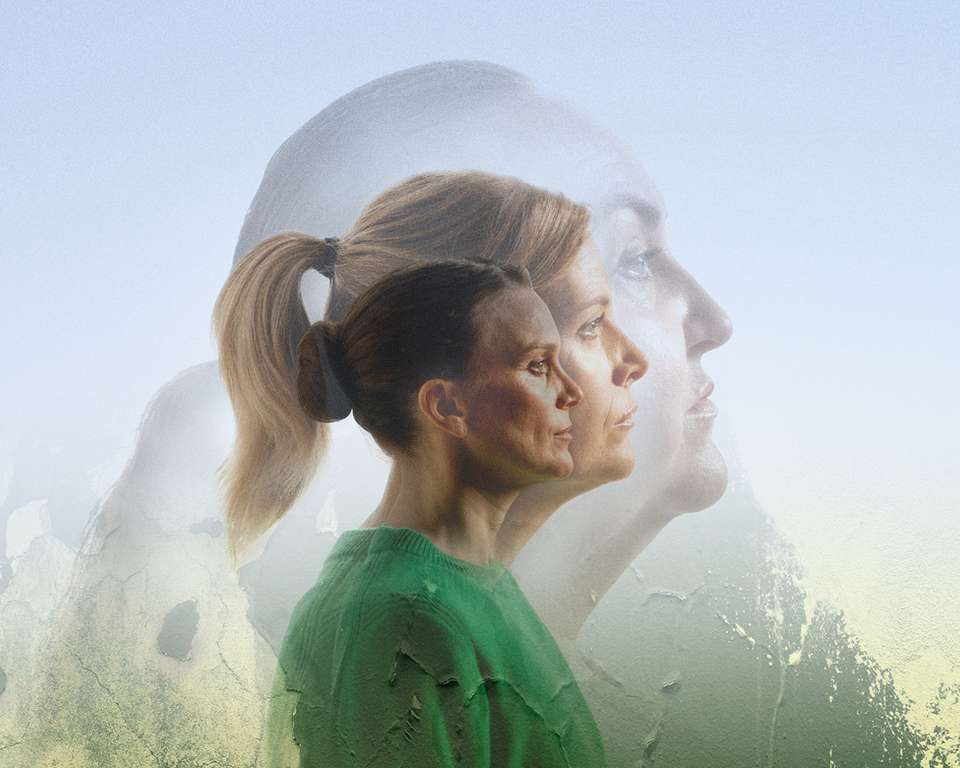 artwork for Dixon and Daughters. A collage of three women's profiles, they are different levels of transparency on a background of a wall with peeling paint.