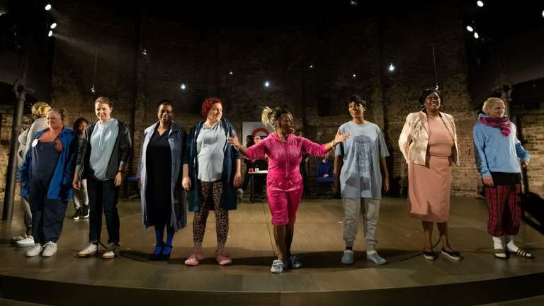 a production photo from more than we can bear at the Almeida theatre, the cast are taking their bows on stage