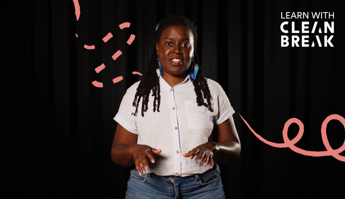 Lakesha talks to the camera, illustrated pink swirls surround her