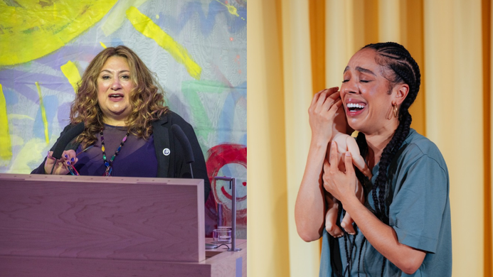 Professor Laura Abbott at an event sspeaking at a lectern, and Pearl Mackie on stage as Baby holding a baby doll