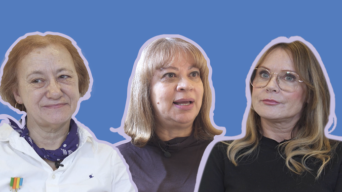 screenshots of three cast members of the trials and passions of unfamous women on a lilac background