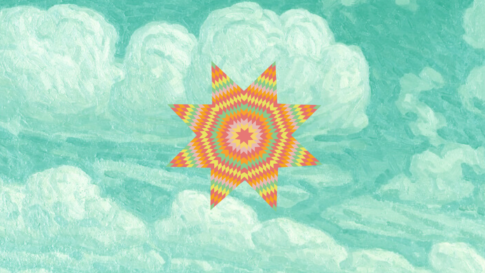 a painting of clouds with an orange star-burst in the centre