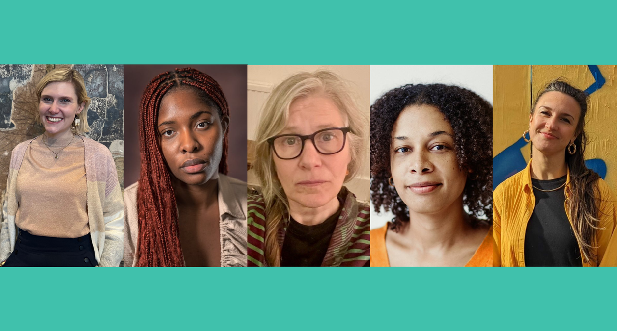 Colour photographs of Catriona Guthrie, Lara Grace Ilori, Carien Meijer, Naima Sakande and Jess Southgate arranged horizontally on a teal background