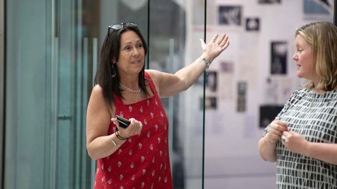 Liz Whitbread presenting the I am a theatre exhibition