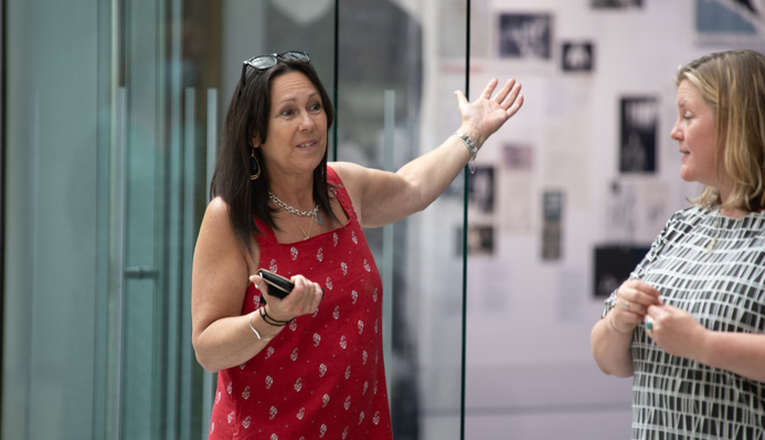 Liz Whitbread presenting the I am a theatre exhibition
