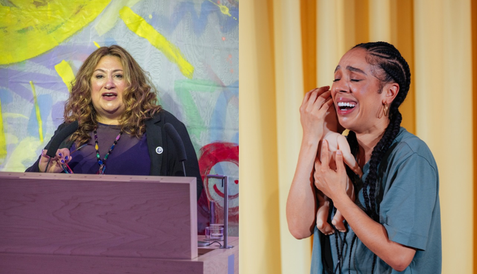 Professor Laura Abbott at an event sspeaking at a lectern, and Pearl Mackie on stage as Baby holding a baby doll