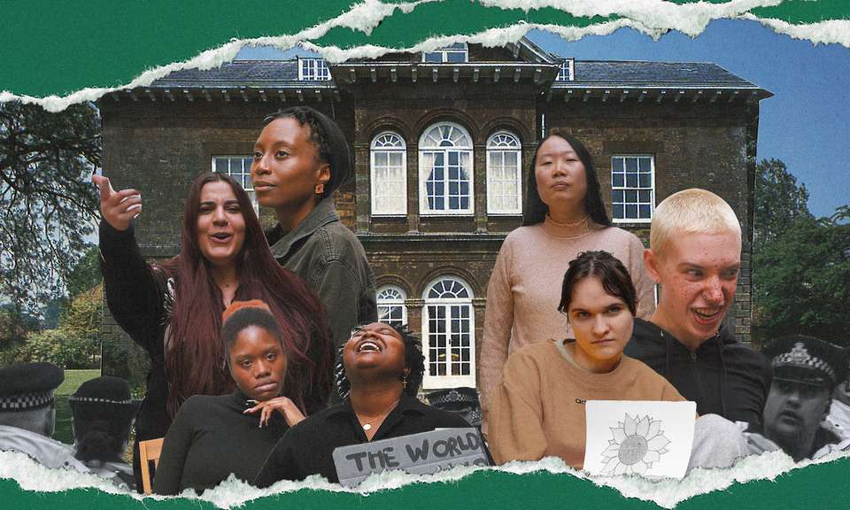 the cast of the empty in a collage image in front of a stately home with protestors in the front of the image