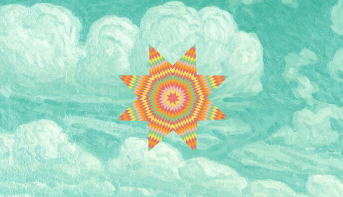 a painting of clouds with an orange star-burst in the centre