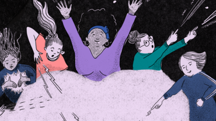 An illustration of 5 magical women in the clouds