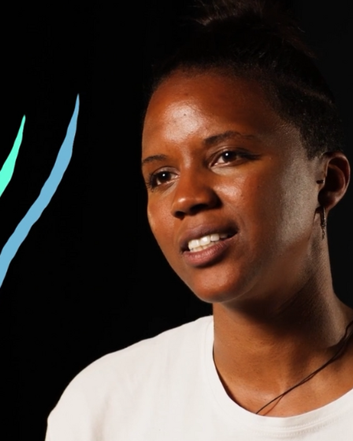 a head and shoulders image of Nicole Hall with illustrations of colourful swirly lines around her