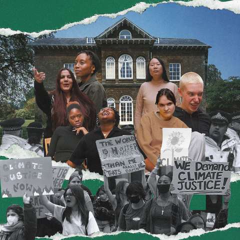 the cast of the empty in a collage image in front of a stately home with protestors in the front of the image