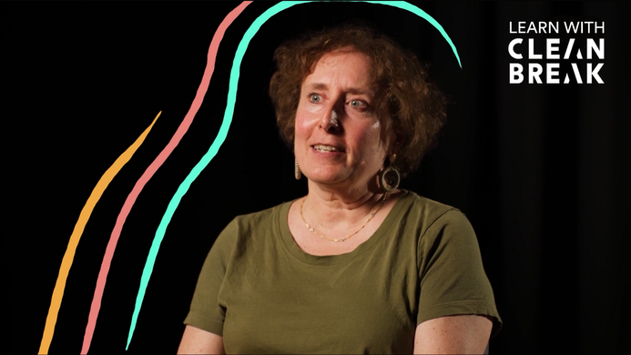 a screenshot of Anna talking to the audience, there are colourful illustrated lines around her head