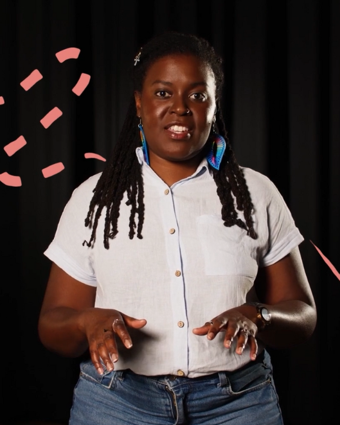 Lakesha talks to the camera, illustrated pink swirls surround her