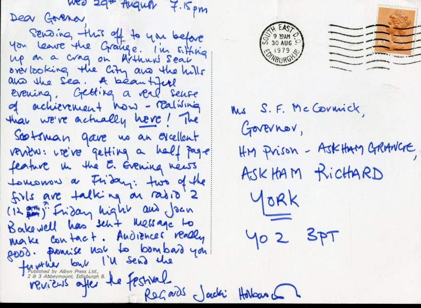 Postcard from Jacqueline Holborough to Governor Susan McCormick, Edinburgh Festival 1979 