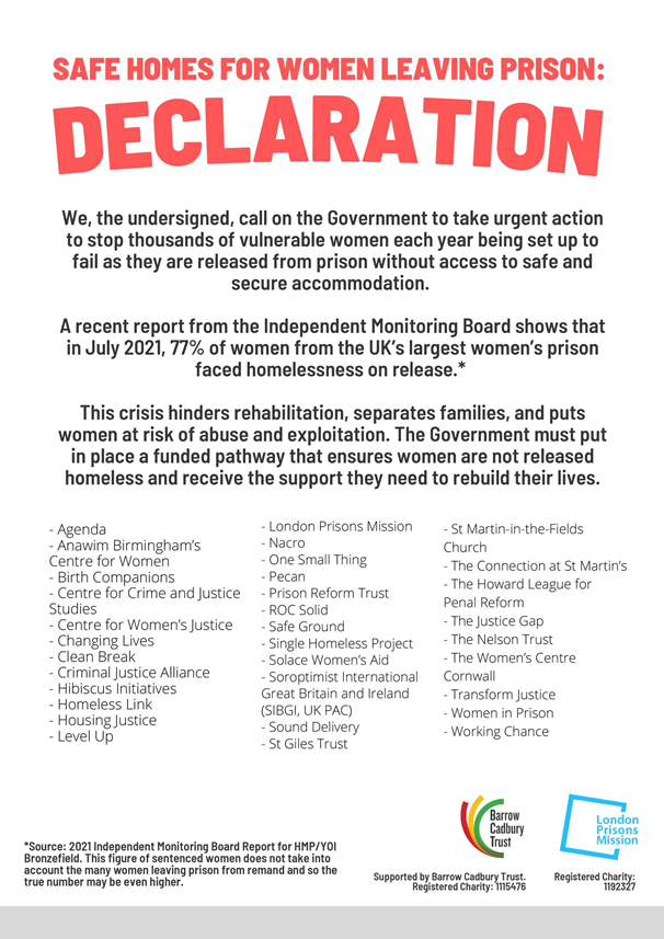 a declaration calling for safe homes for women leaving prison, signed by 30 specialist organisations.