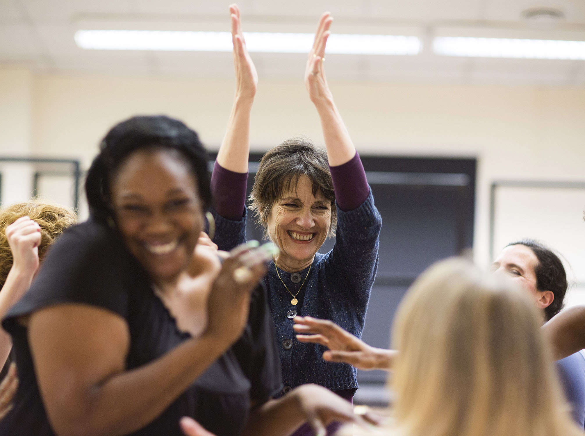 A photo of Jennifer Joseph in rehearsals for Donmar Shakespeare Trilogy, with Harriet Walters.